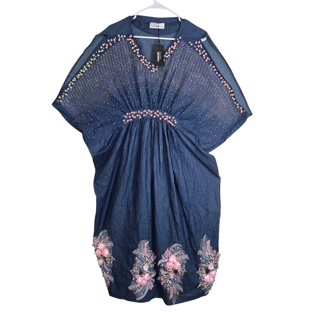 KATE HEWKO Chambray Denim Kaftan Dress Rhinestone Pearl Embellished Floral New